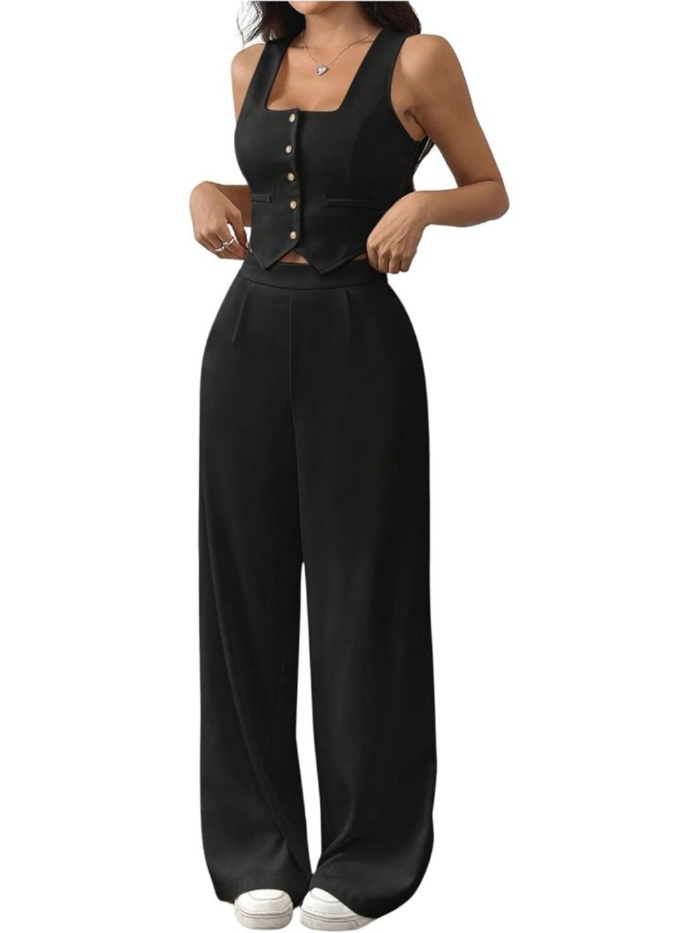 🆕Women's Black 2 Piece Sets Wide Leg Pants Outfits Sleeveless Blazer Vest Suits